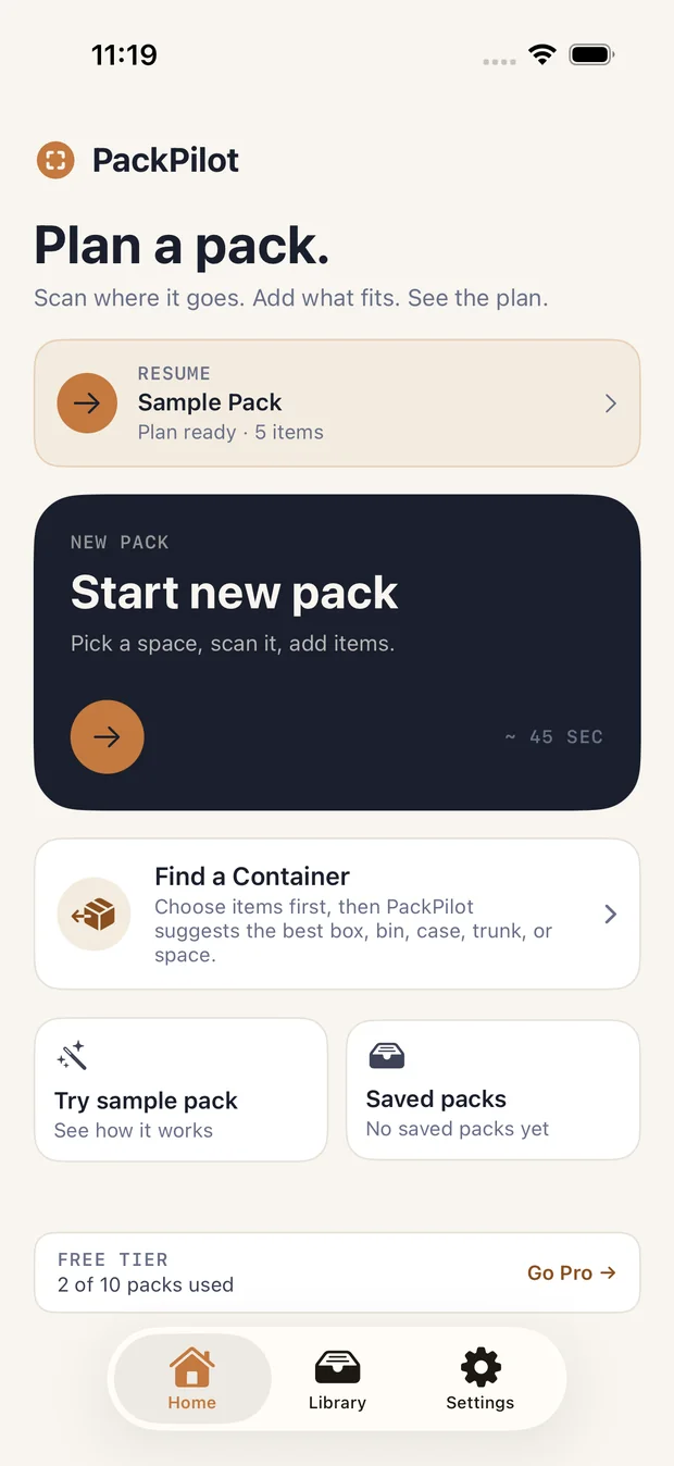 PackPilot home screen: Start new pack, Find a Container, and Try sample pack.