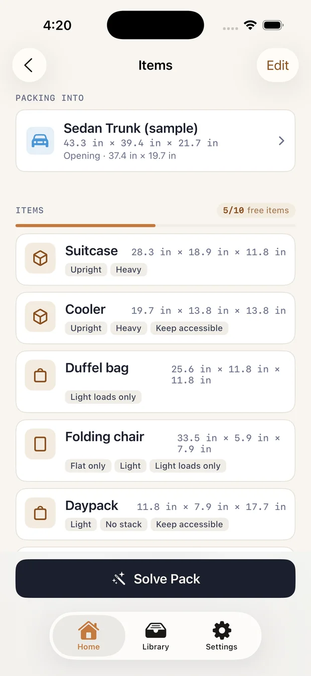 PackPilot items list with dimensions and constraints.