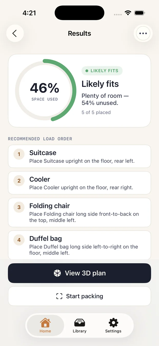 PackPilot results screen with fit verdict and load order.
