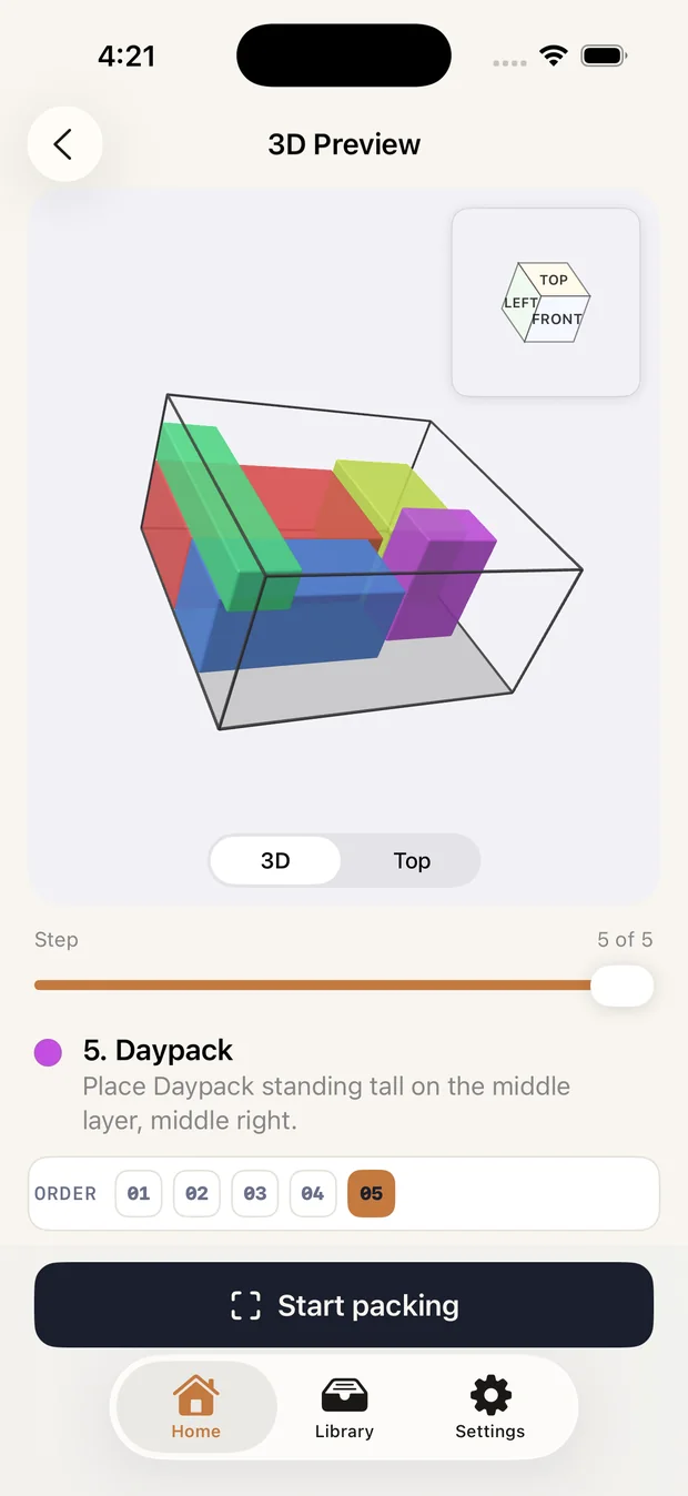 PackPilot 3D preview of the solved pack.