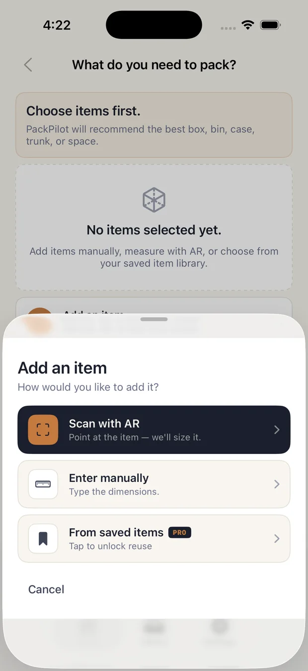 PackPilot add-item sheet.