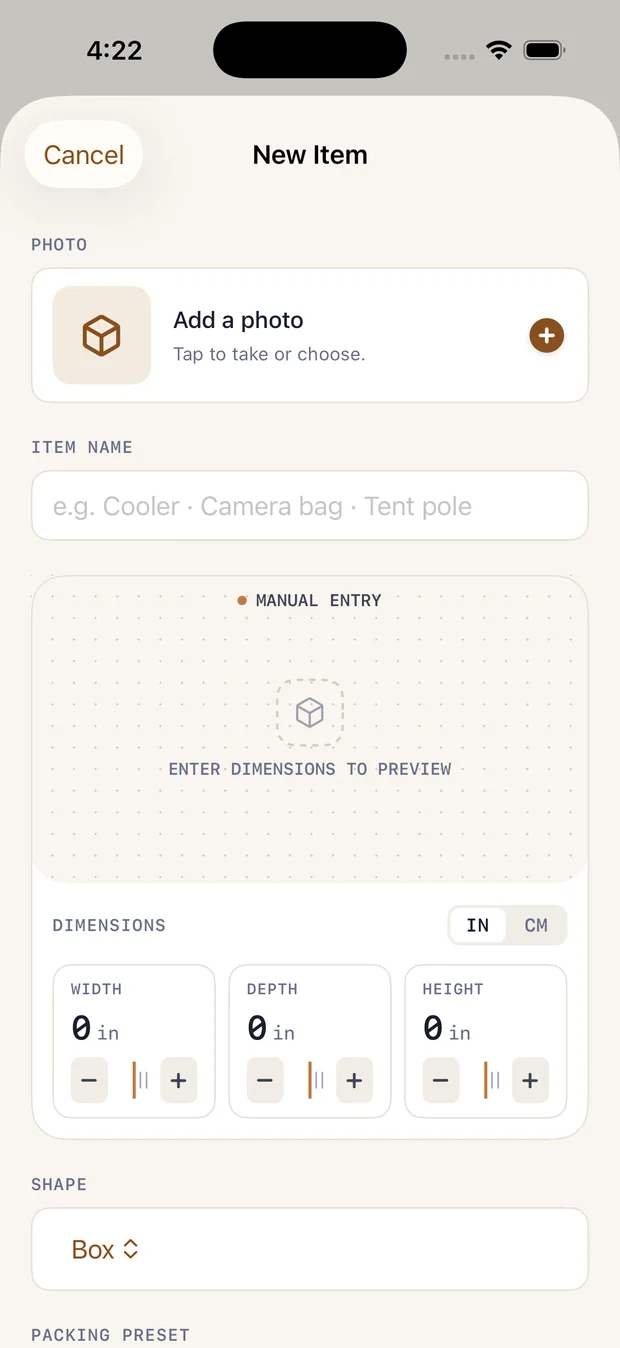 PackPilot manual dimension entry.