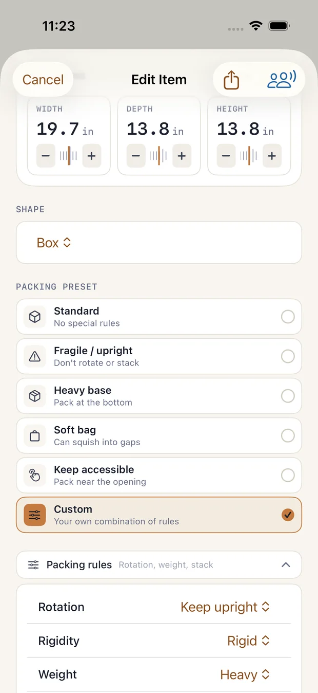 Item rules expanded: rotation, rigidity, weight, stack, and access constraints.
