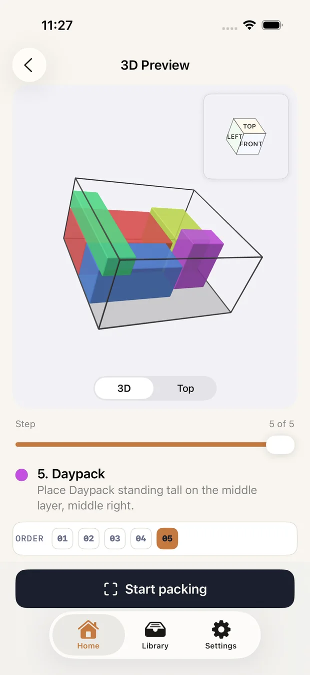 3D plan of the solved pack with the load-order scrubber.